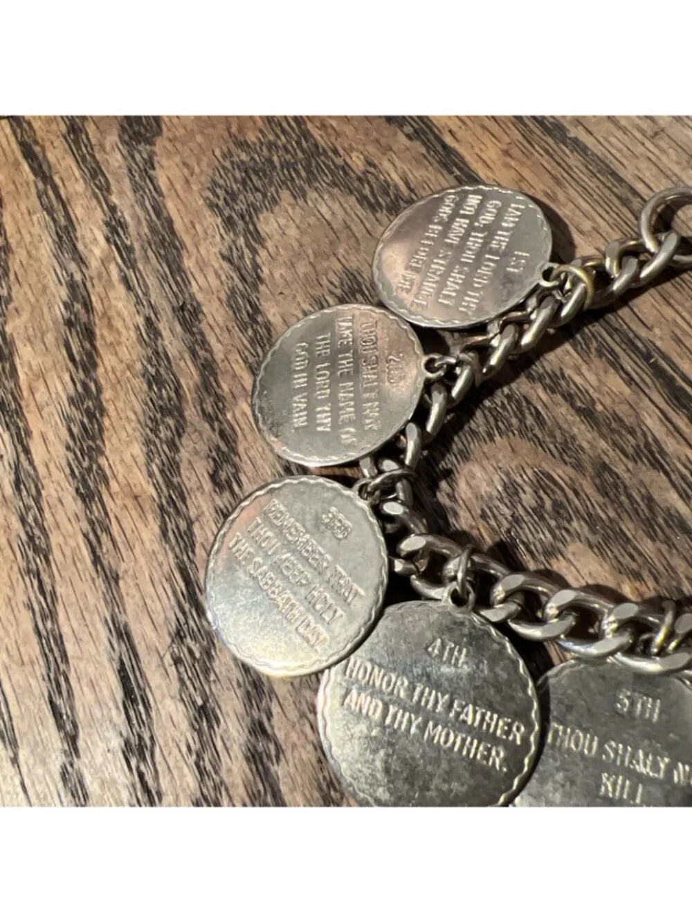 1970s Silver Tone Round 10 Ten Commandments Charm Bracelet Christian Religion 7